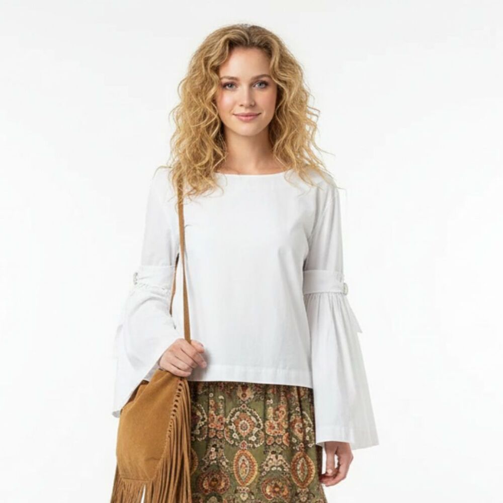 Free People White Long Bell Sleeve Open Back Peasant Bohemian Blouse Top S